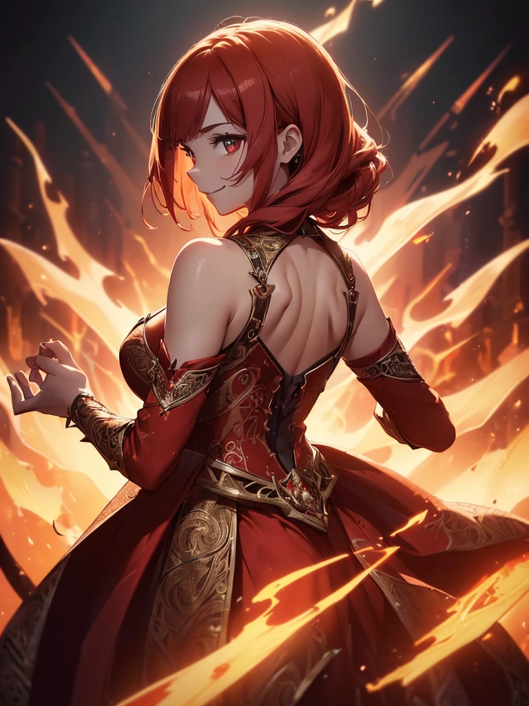 (((best quality, sharp image, clear image, cinematic lighting, 8k resolution, masterpiece, ultra detailed, intricate))) Girl, sorcerer, cute, intricate dress, smiling, fiery red, ((intricate background)), (rune frame), dimension, ((shot from behind)), fire sigils, chaotic background, ((half-body shot))