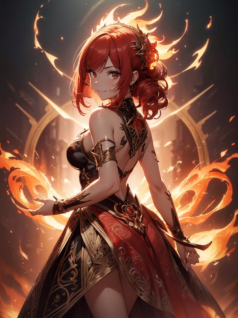 (((best quality, sharp image, clear image, cinematic lighting, 8k resolution, masterpiece, ultra detailed, intricate))) Girl, sorcerer, cute, intricate dress, smiling, fiery red, ((intricate background)), (rune frame), dimension, ((shot from behind)), fire sigils, chaotic background, ((half-body shot))