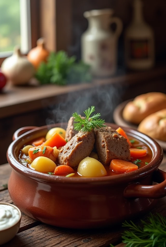 Russian dish Stewed pork with vegetables
