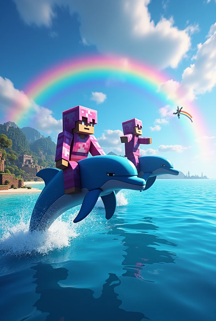 Create an image of Minecraft in a sea with jumping dolphins and several rainbows and that above those dolphins are mounted Minecraft characters with full enchanted netherite armor and put a lot of rainbows and more color and a Minecraft background but in the sea