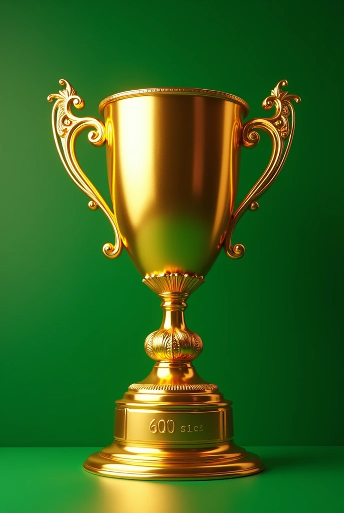 Create an image of a golden trophy with a green background saying 600 sales in Portuguese 