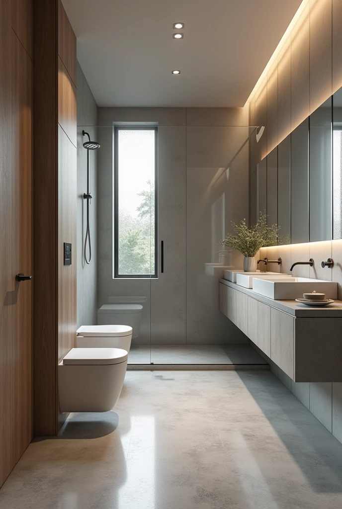 bathroom modern, ultra-realistic , 8k, ultra realistic render , 4K , photo realist  , metal therefore , matte gray floor , stone countertop , small window with frosted glass , moderno , luxurious , a wall-hung toilet , wood panel , wide perspective , glass shower enclosure to the ceiling 