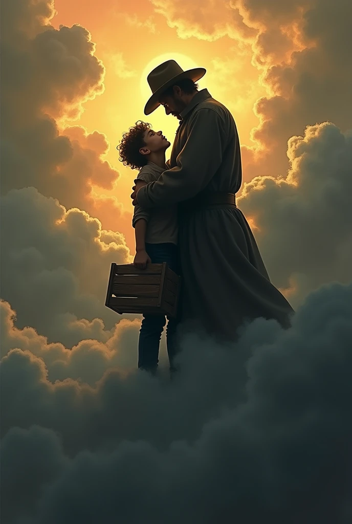 Silhouette of a 70-year-old father with a cattleman's hat, sending a hug, on a cloud in the sky, looking down at his son, curly hair, with a wooden cart in hand, dark fantasy