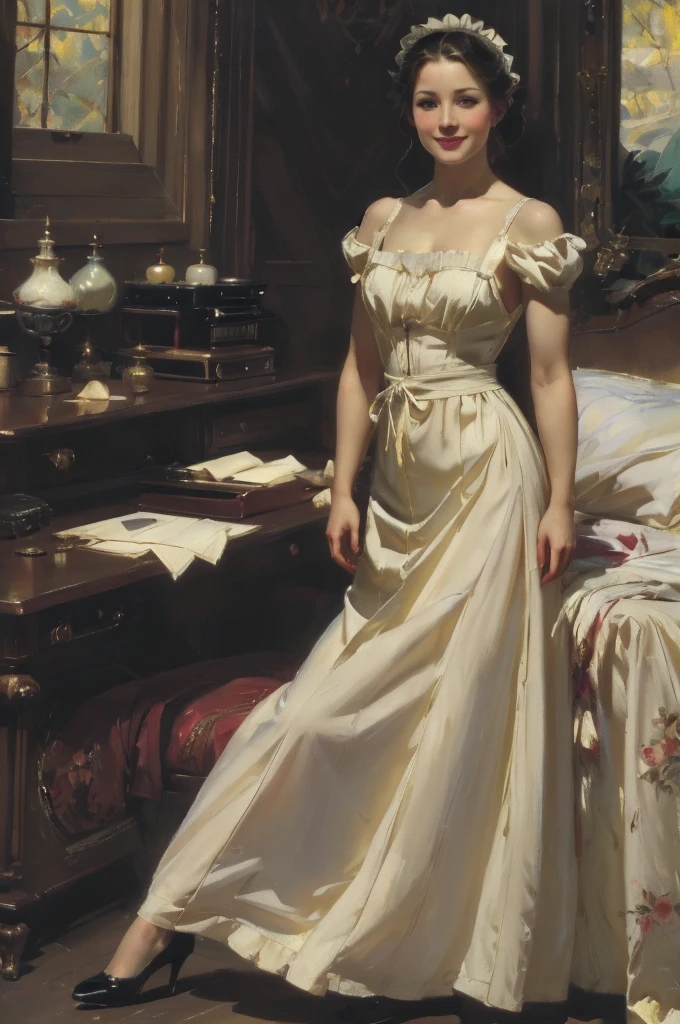 A mature woman in realistic oil painting portrait of high quality and detail, classicism, waist, 19 century style, 3, mature face, Long black hair pulled back in a ponytail on her left shoulder. She also has blue eyes and beautiful makeup. She is wearing a Victorian maid's dress with a long neckline on her leg, nylon tights and high-heeled shoes. So she wears round glasses with diopters. big breast, light and peaceful atmosphere, glow, eye shadow, 1girl, fantasy, Depth & Perspective, smiling on her face, Mystical powers, fine face, She stands in the middle of the bedroom, indoors, sunlight from windows, day time, looking at viewer, (ultra-high detail:1.2), Masterpiece, Best Quality, Ultra-detailed, Cinematic lighting, 8K, delicate features, cinematic, 35 mm lens, f/1.9, highlight lighting, global lighting –uplight –v 4, cinematic, Cinematic lighting, 8K, high quality, Highest Quality, (Solo Focus), (extremly intricate:1.3), (Realistic), masterful, Analog style, (Film grain:1.5), (warm hue, cold tone),
