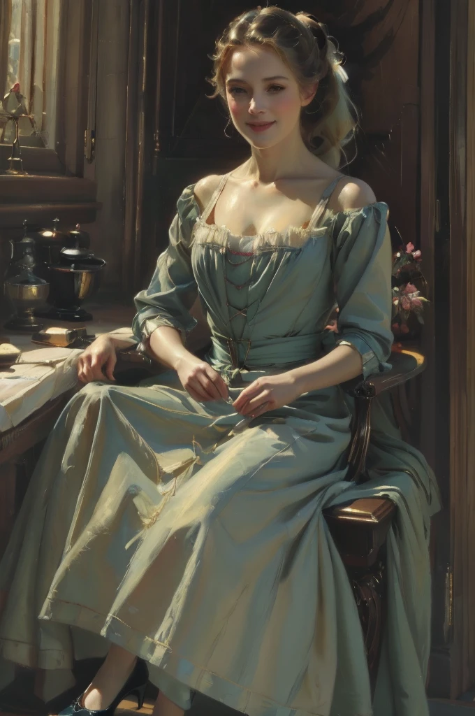 A mature woman in realistic oil painting portrait of high quality and detail, classicism, waist, 19 century style, 3, mature face, Long black hair pulled back in a ponytail on her left shoulder. She also has blue eyes and beautiful makeup. She is wearing a Victorian maid's dress with a long neckline on her leg, nylon tights and high-heeled shoes. So she wears round glasses with diopters. big breast, light and peaceful atmosphere, glow, eye shadow, 1girl, fantasy, Depth & Perspective, smiling on her face, Mystical powers, fine face, She stands in the middle of the bedroom, indoors, sunlight from windows, day time, looking at viewer, (ultra-high detail:1.2), Masterpiece, Best Quality, Ultra-detailed, Cinematic lighting, 8K, delicate features, cinematic, 35 mm lens, f/1.9, highlight lighting, global lighting –uplight –v 4, cinematic, Cinematic lighting, 8K, high quality, Highest Quality, (Solo Focus), (extremly intricate:1.3), (Realistic), masterful, Analog style, (Film grain:1.5), (warm hue, cold tone), 