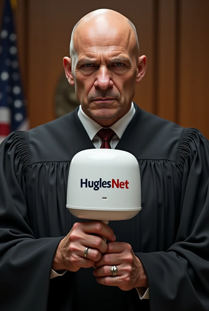 Bald man in judge outfit holding an antenna with hughesnet written on it