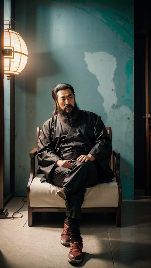 Confucius, is sitting. The face is clearly visible, you can see all the details, everything is clear and proportional, he teaches, futuristic chinese style background , light and bright tones