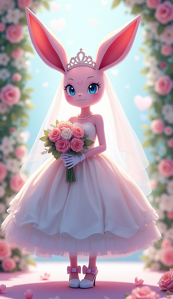 Anime-style scene of an anthropomorphic Sylveon in a stunning white, pink, light blue wedding dress, white long gloves, bridal heels adorned with pink and light blue bows, white stockings, tiara wedding veil, holding a lush bouquet of roses, at a beautifully decorated wedding altar, selective focus, lens flare, vivid colors