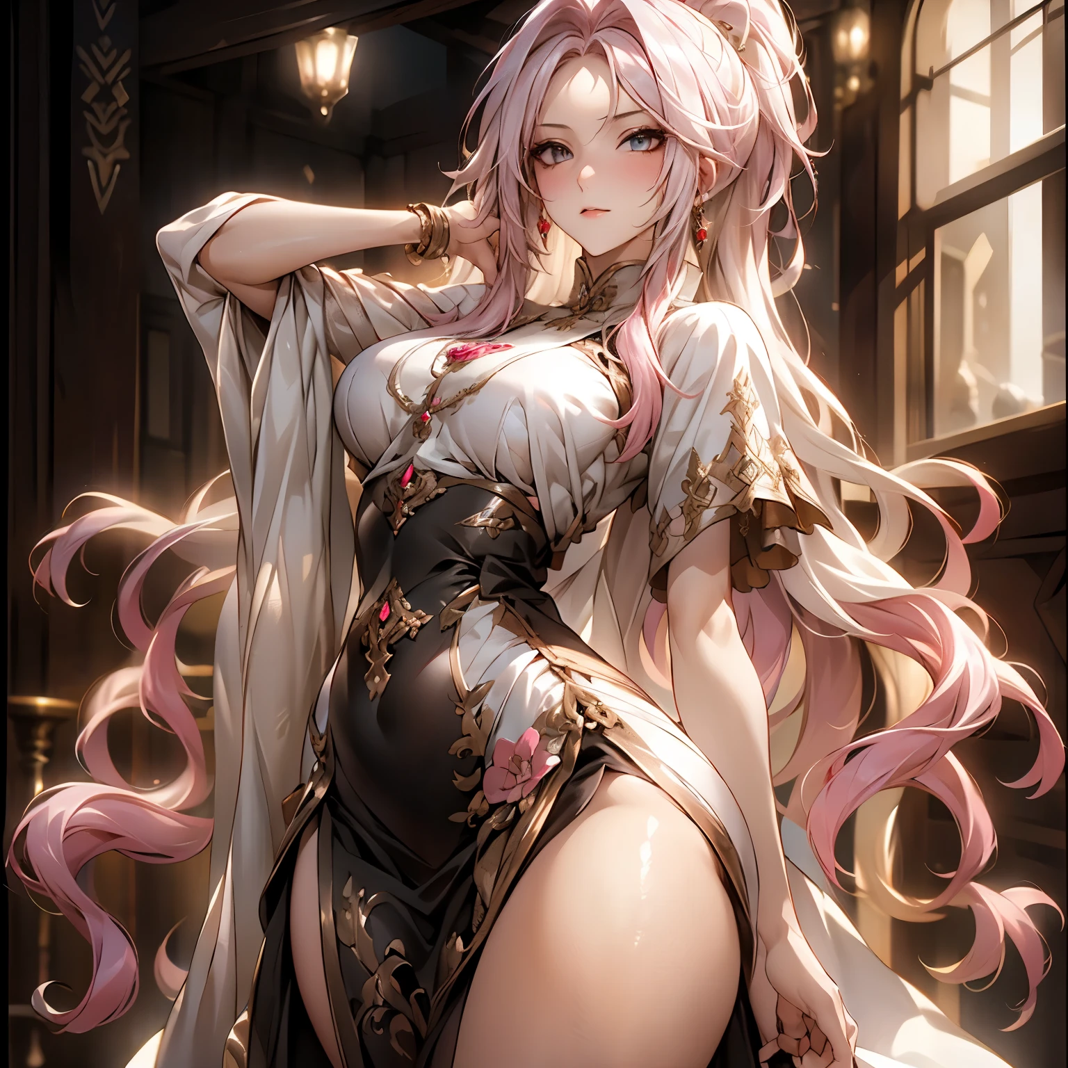 (best quality)), ((Masterpiece)), (details:1.4), 3d, HDR (high dynamic range), an image of a beautiful cyberpunk female, fantasy, medieval, pink hair, high ponytail, hips up, Beautiful White eyes, จมูกโด่ง, ปากแดง, หน้าอกใหญ่, nvidia RTX, PBR surface, After processing, Anisotropic filtration,depth of field, Maximum clarity and clarity, multi-layered surface, Subsurface scattering, perfect proportions, 8K raw files, ultra detailed, Perfect proportions, volumetric lighting, soft lighting, Holy Paldin, Heavy Golden Armor, white dress, intricate Silver embroidery, glossy skin, Castle Background, jewely, ต่างหู, mini black skirt, blackglove, long-sleeved golden Dress,