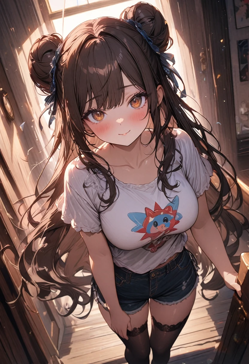 (masterpiece), best quality, very aesthetic, newest, absurdres, detailed, high quality
BREAK
highest quality, top quality, details, highres, ultra fine painting, digital art, official art, splash art, cinematic, 4k, 8k resolution, 8K CG wallpaper, original artwork, detailed background, High Dynamic Range, lens flare, blurry background, Starburst effects, crepuscular rays, good ISO, high resolution, wide shot, from far away, POV, sharp focus, light reflection, reflections, intricate details, soft light, particle noise, professional photography, bokeh, depth of field, studio lighting, vibrant colors, detailed lights and shadows, stylish, ultra-detailed, top rated on Pixiv, trending on Artstation, niji style, master crafted, pose
BREAK
solo, from above, 1girl, pale skin, correct fingers, detailed hand, (big toned breasts:1.2), big thighs, small torso, short body, flushtered, blush, anxious expression, embarassed, embarassed act, casual, slim, ((cute, childlike face):1.3), nice body, nice hips, brown hair, (very long flowing hair, 2 buns hairstyle), long bangs, long hair, middle hair bangs, brown eyes
BREAK
(casual home wear: t-shirt, shorts, plain stockings, accessories, full body. Viewer POV looking at the girl standing in front of the viewer)
BREAK
(detailed apartment room background)