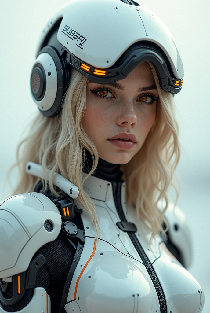 ultra-detailed digital image of a girl with shoulder-length blonde wavy hair and brown glowing eyes in elegant white and black cyborg armor with mechanical parts and a futuristic helmet with a large holographic visor, sci-fi armor, super-detailed armor, carbon textures, Liam Wong, ghost in armor, deus ex, full body shot, pose in motion, ultra-precise focus, award-winning photography, perfect contrast, high sharpness, depth of field, ultra-detailed photography, global lighting, smooth shooting, ultra-high definition, 8k, without