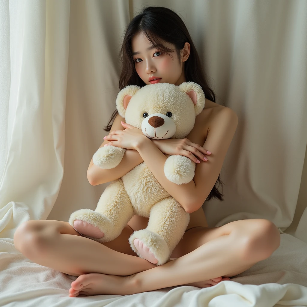 Japanese women have great figures. (((Sitting naked hugging a teddy bear from the front))) Beautiful hands and feet, perfect and clear details, the teddy bear obscures her body. (areola slip),( areola), and pink nipples