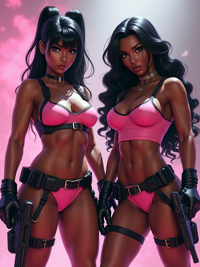 two Women soldiers like Megan thee Stallion and Serena Williams with military clothing with machine guns and accessories, hourglass physiques, HUGE GLUTES: dynamic pose, dark skin, PROTRUDING WIDE ASS: Realistic photo style, labeled as female Konami Contra. pink attire, capturing her in a slightly high angle that emphasizes her larger-than-life presence, shot with a Canon 5D Mark IV 50mm f/1.8