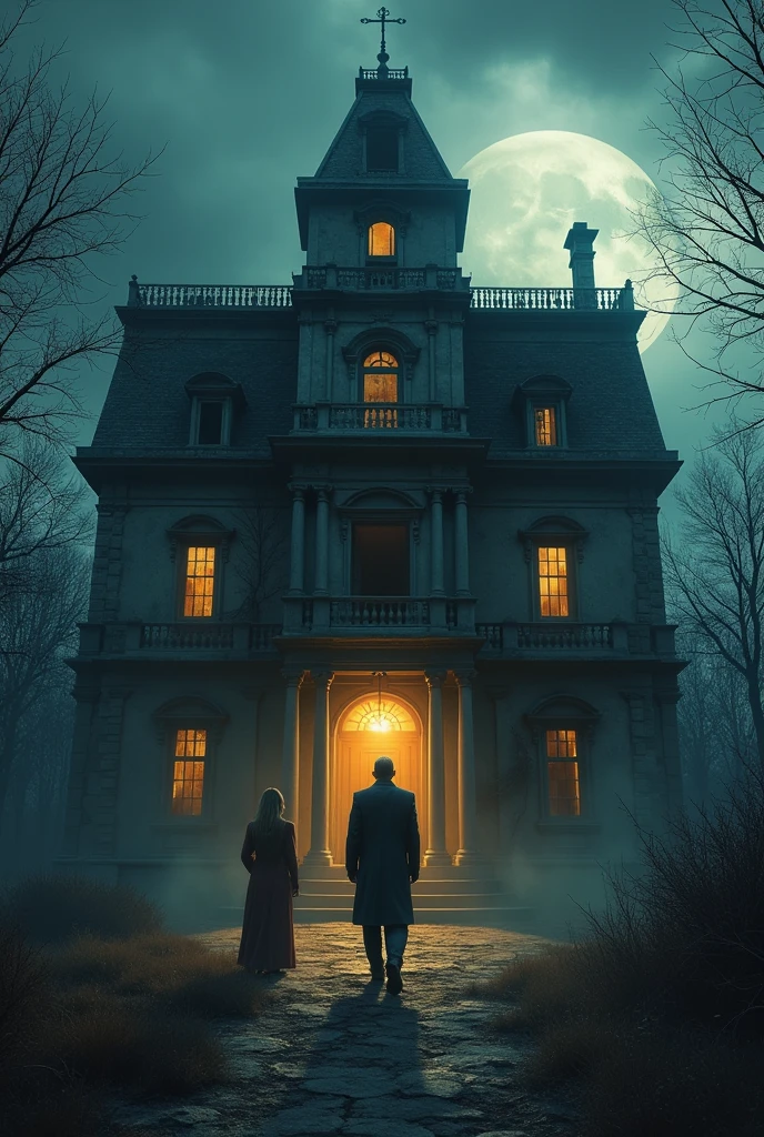 The Haunted Mansion:An ancient, eerie mansion standing tall in a desolate village under a dark, cloudy sky. The mansion is dilapidated, with broken windows, overgrown vines, and a sense of abandonment. The atmosphere is filled with an ominous silence, and the mansion looms with a mysterious aura, hinting at the ghostly presence within.Thakur Ratan Singh and Rema Devi:A scene inside a grand but dimly lit room in the mansion, showing Thakur Ratan Singh, a stern and imposing figure, glaring suspici