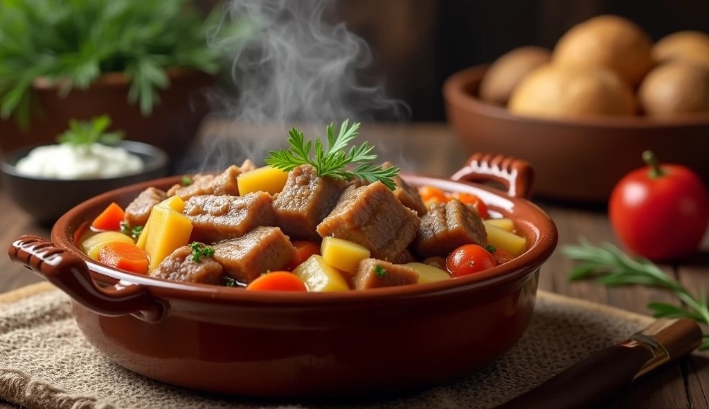 Russian dish Stewed pork with vegetables