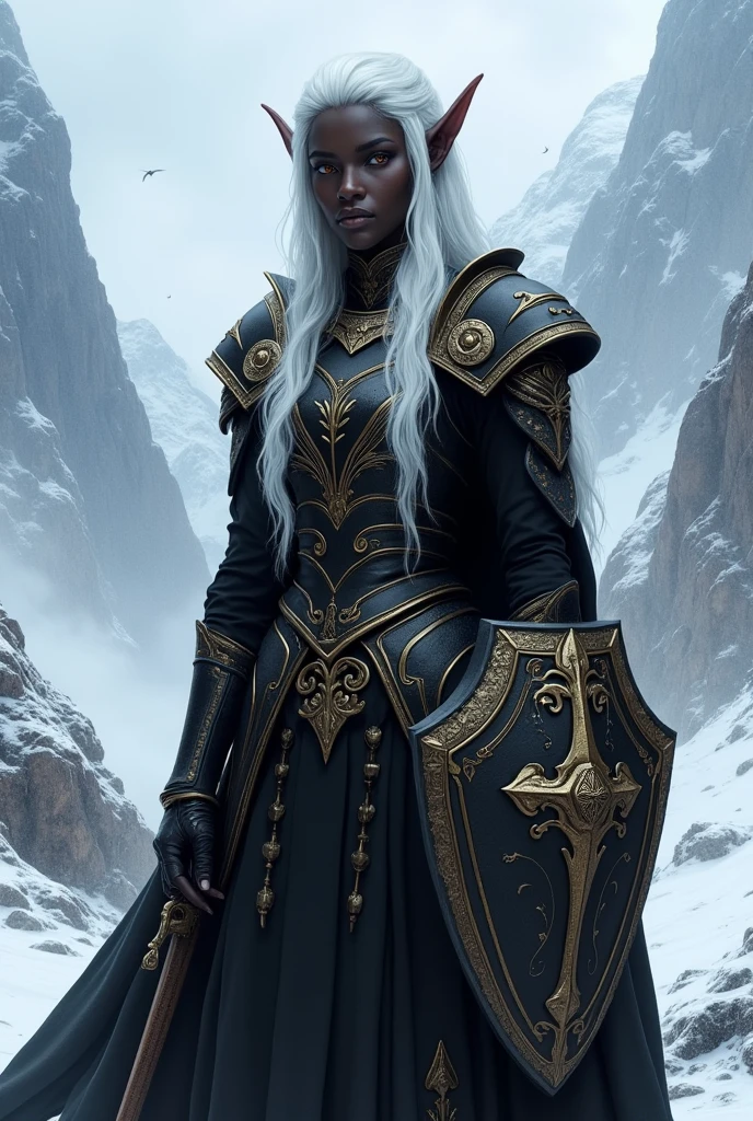 Create an elf with black skin, with white hair and amber eyes around his 20s.
She must be wearing black armor with gold details and carrying a sword and shield..
The scenery must be freezing