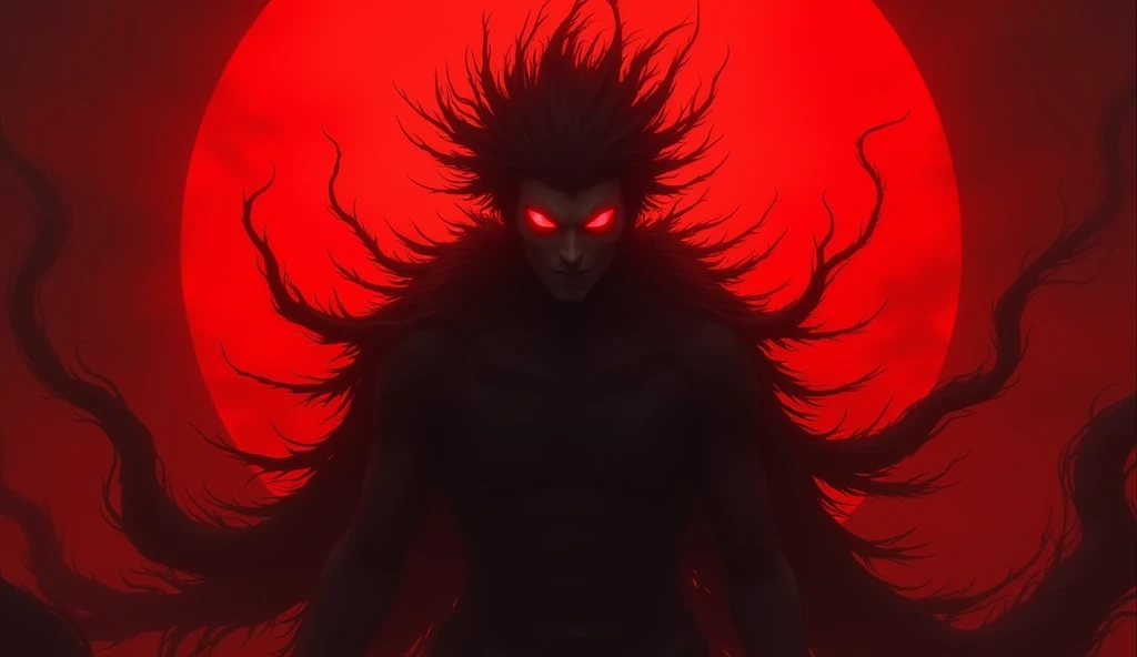 Create a dark, ominous character with spiky, flame-like hair and glowing red eyes. The character's face is mostly obscured by shadows, emphasizing the intense, supernatural energy emanating from their eyes. They are surrounded by swirling tendrils or chains of darkness, set against a deep, vibrant red background. The atmosphere should convey a sense of overwhelming power and menace, with the character appearing ready to unleash a devastating force. The contrast between the dark figure and the red glow adds to the dramatic and threatening aura of the scene.