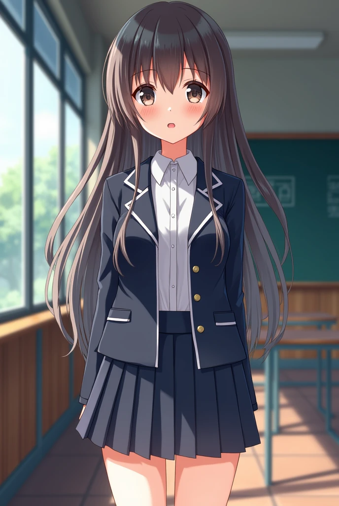 Anime girl in school clothes short skirt big thighs detailed body detailed clothes perfect face School background