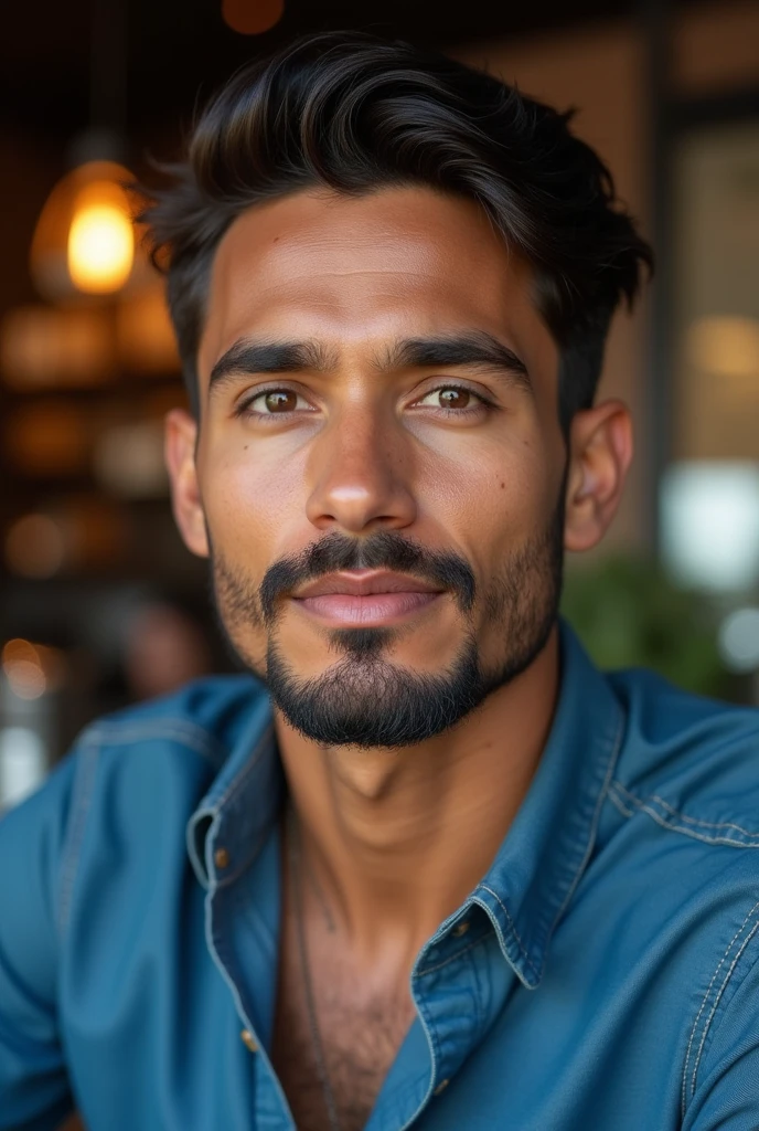 Profile picture, latin man, 4 with a goatee, light brown skin tone, eyes the color of honey, handsome, blue shirt casual wear, background a Starbucks I want it to be super realistic