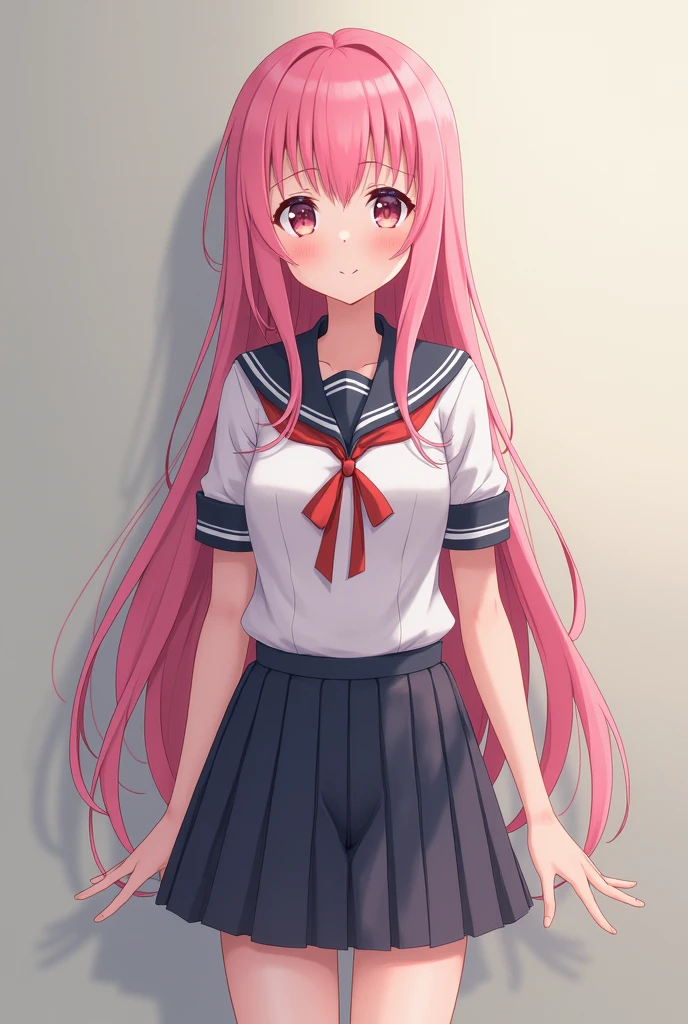 Elementary student, small breasts, female, short skirt, Detailed eyes and face, beautiful and delicate eyes, whole body,High-quality models, high detail, high quality, shine a light on the face, Pink hair up to thighs,