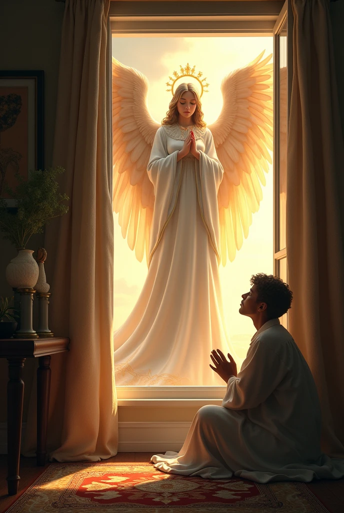 (photorealism:1.2), (4k) A giant angel watching a person praying in his room next to the window.