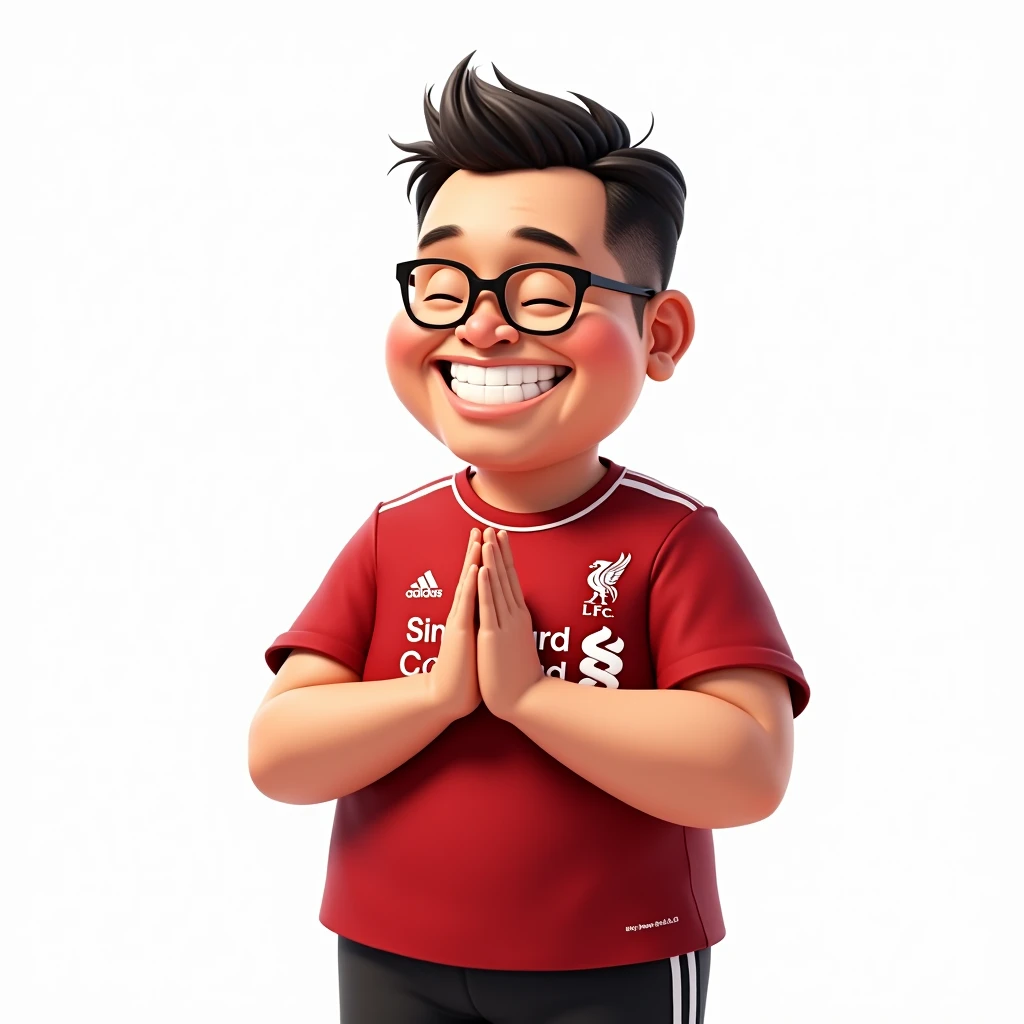 A slightly chubby Thai man, about 4, with short hair, smiling in a manga style, bowing in a Thai way, wearing a Liverpool shirt, wearing glasses, standing in a cartoon style. High quality dynamic photo, detailed and colorful, realistic and colorful pose, white background.