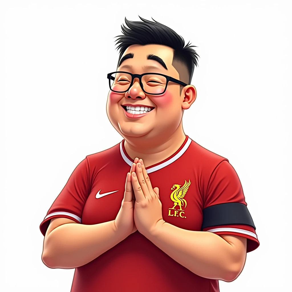 A slightly chubby Thai man, about 4, with short hair, smiling in a manga style, bowing in a Thai way, wearing a Liverpool shirt, wearing glasses, standing in a cartoon style. High quality dynamic photo, detailed and colorful, realistic and colorful pose, white background.
