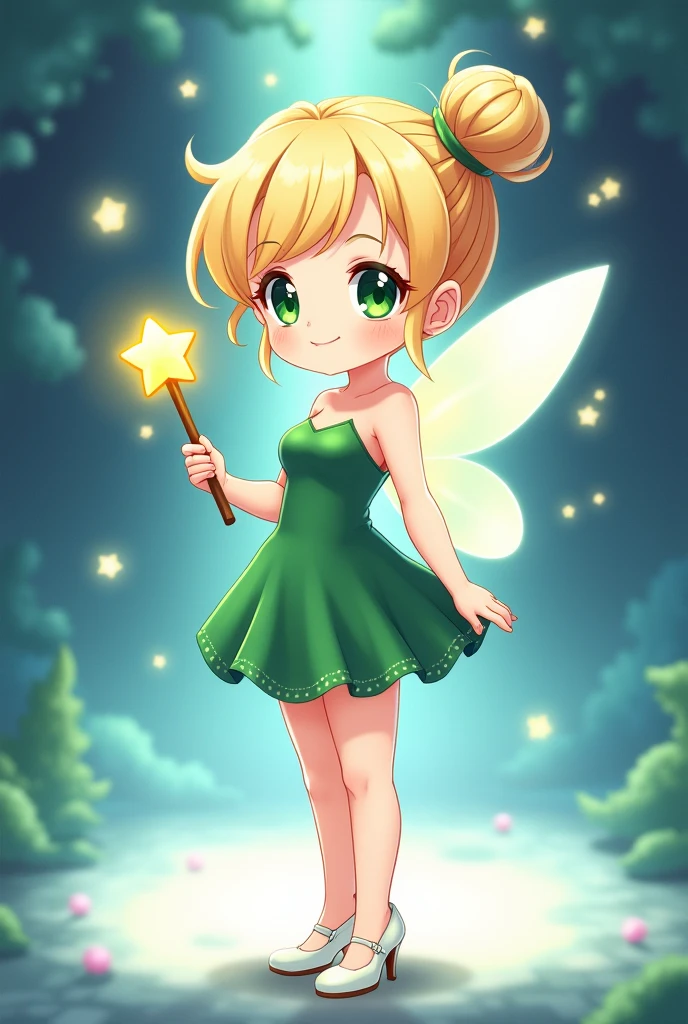 beautiful illustration, best quality, full body cute chibi anime girl, perfect face,blonde bun hair, cute green eyes, B cup, a green short tight dress , white heels, wings fairy, magic Stick with star, beautiful smile