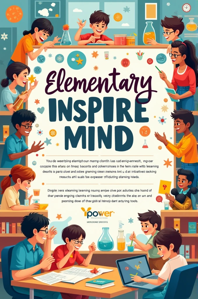 poster about elementary education, engaging teaching, team work, hands on materials and teaching