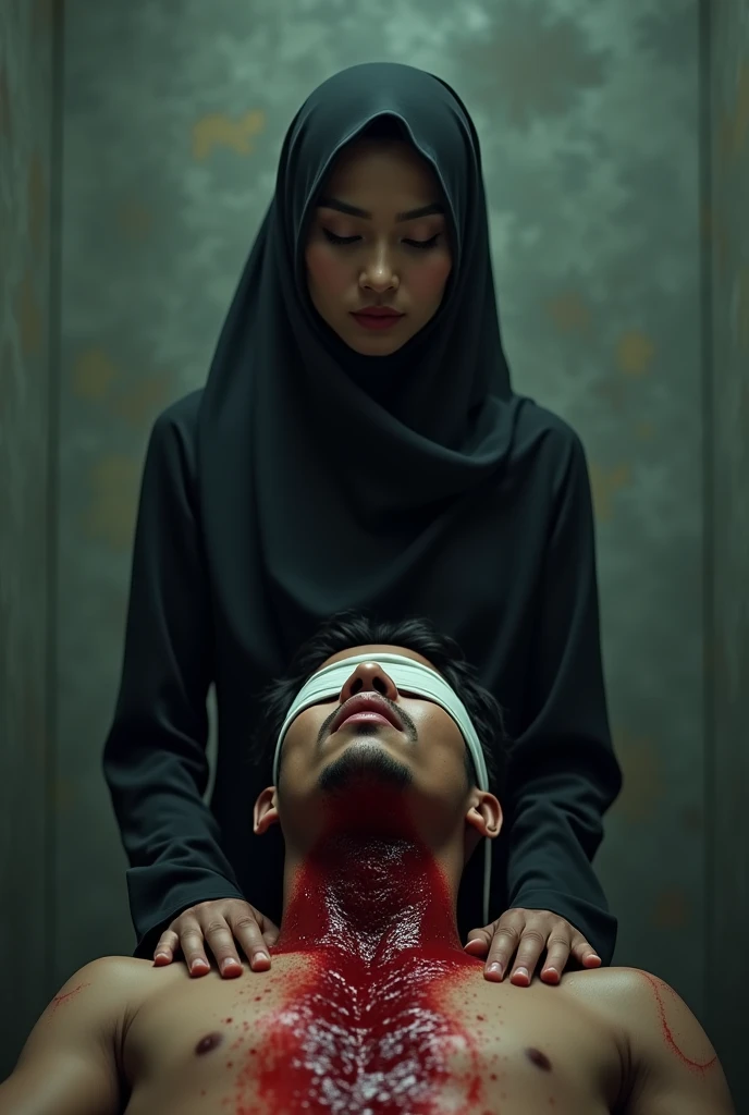 Realistic, A very beautiful Indonesia jilbab elegant graceful girl knife, cut throat A boy prisoner blindfold neck bloody splash, full body, wide open throat, throat contents