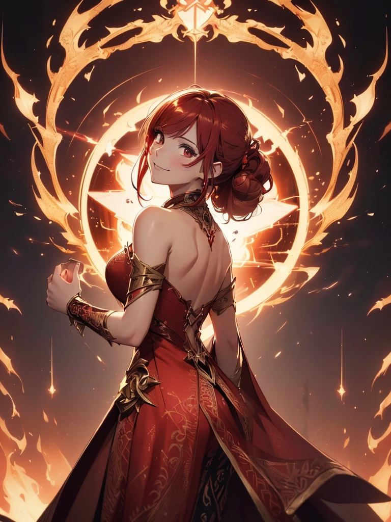 (((best quality, sharp image, clear image, cinematic lighting, 8k resolution, masterpiece, ultra detailed, intricate))) Girl, sorcerer, cute, intricate dress, smiling, fiery red, ((intricate background)), (rune frame), dimension, ((shot from behind)), fire sigils, chaotic background, ((half-body shot))