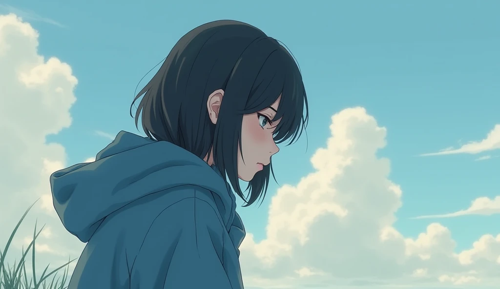 Depressed girl in a blue hoodie with sky with clouds in the background