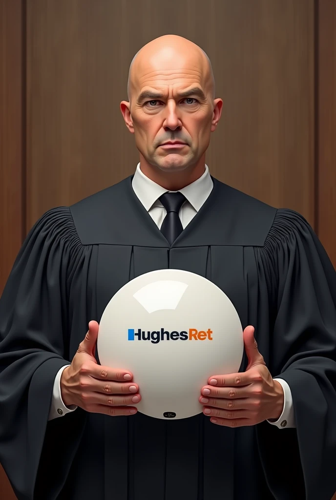 Bald man in judge outfit holding round antenna with hughesnet written on it