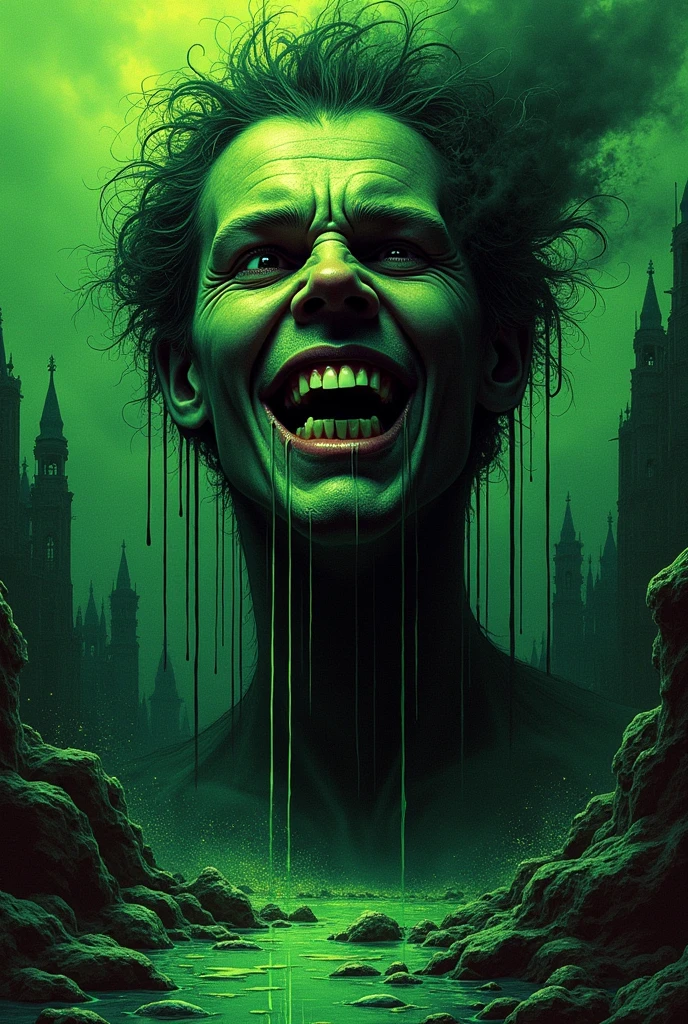 Black-haired man、Green Face、Expression distorted in pain、Surreal horror, Anime Style, Supervised by Junji Ito, High Contrast, Vibrant colors, Spooky atmosphere, psychological tension, Complex line drawing, A man's face reflected in a car windshield