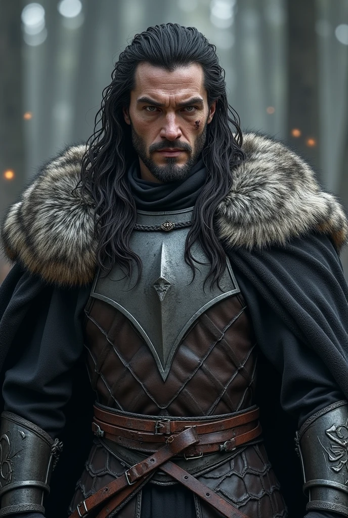 A man with long dark hair and piercing grey eyes, He's tall and athletic, your body is proof of the countless battles you have faced. Always dresses in typical Northern clothing, wears a rare wolfskin cloak and armor forged from Valyrian steel