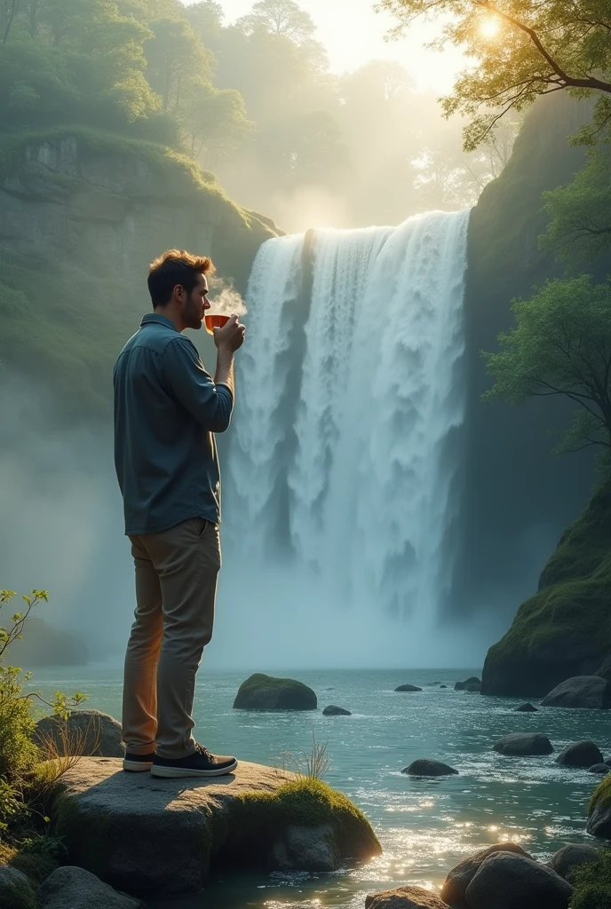 A man see the water falls morning time drink tea 