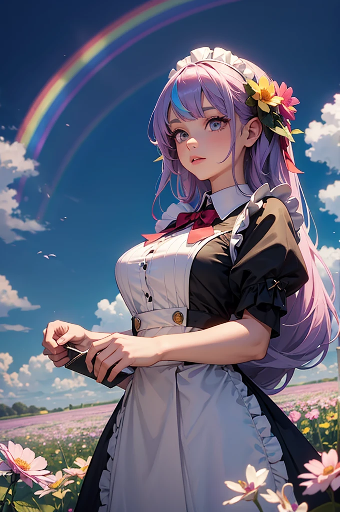 A girl with long rainbow hair is wearing a maid outfit and standing in a flower field with lots of big flowers. Upper body