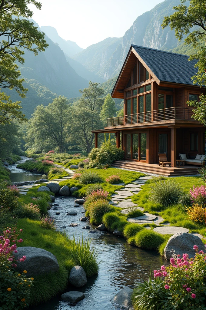 Describe a beautiful scene where nature and a house are harmoniously integrated. The setting includes a picturesque landscape with lush greenery, vibrant flowers, and perhaps a serene water feature like a pond or stream. The house is designed to blend seamlessly with the natural surroundings, featuring large windows, natural materials, and an inviting porch or deck. Emphasize the way the house takes advantage of its natural setting, with elements like garden paths, outdoor seating areas, and landscaping that enhances both the home and the environment."