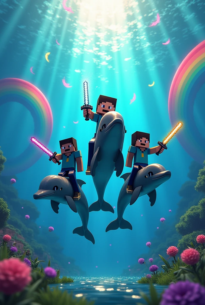Create an image of Minecraft in a sea with jumping dolphins and several rainbows and that above those dolphins are mounted Minecraft characters with full enchanted netherite armor and put a lot of rainbows and more color and a Minecraft background but that is in the sea but that the characters have a swords