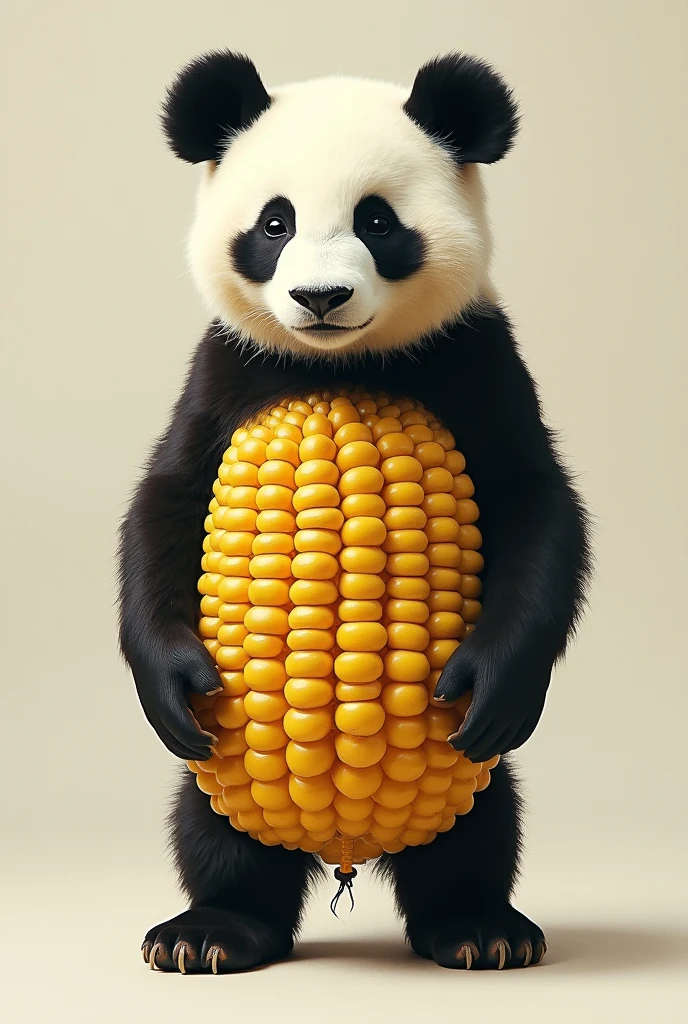 please make me a collage of an animal with only the head of a panda and the rest of the body, tay, feet are corn.
he has a sleepy face