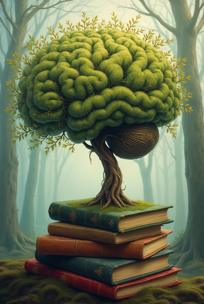A human brain depicted as a tree with its branches extending outwards, representing growth and knowledge. The roots of the tree are connected to books, symbolising education as the foundation.