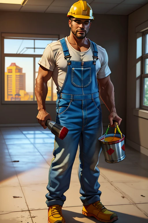 digital drawing of a man holding a paint roller, wearing overalls and a light-colored shirt underneath the overalls, in the other hand he is holding a bucket of paint and next to him a paintbrush dirty with paint fallen on the floor, the man is wearing a construction helmet, best quality drawing, a Disney Pixar style masterpiece, 8k