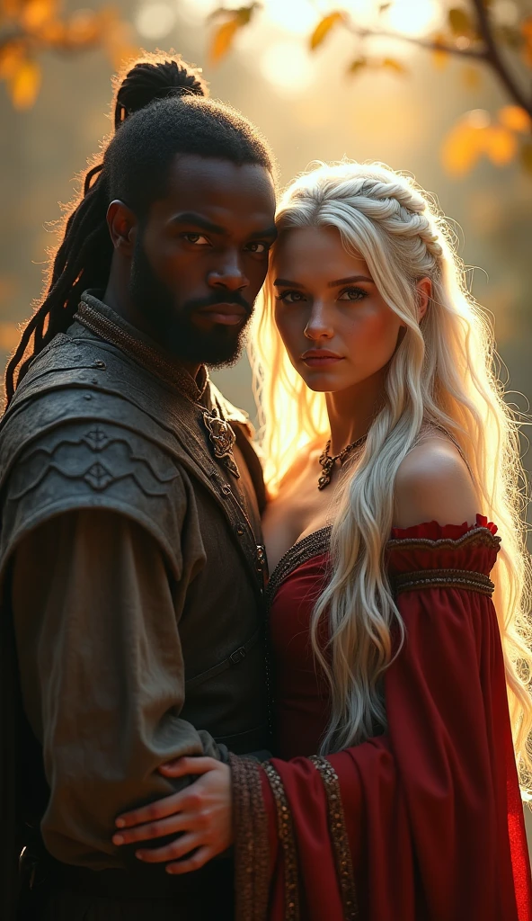 Daenerys Targarean kissing dark skinned african man with dreadlocks