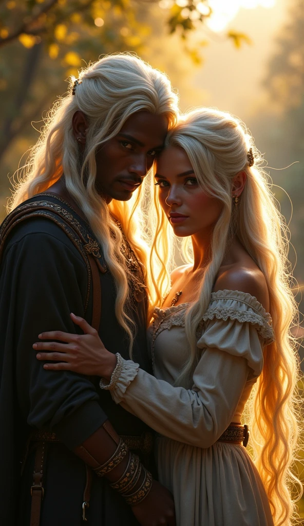 An iPhone photo style, stunning shot capturing an epic fantasy scene featuring two medieval siblings standing together, a man and woman, both with striking dark skin and flowing platinum blonde hair that glimmers against the soft light, their expressions reflecting the bond of loyalty and adventure, the setting enveloped in a mystical atmosphere rich with hues of ancient landscapes, slight imperfections typical of mobile photography, including mild oversaturation enhancing the vibrancy of their features, an occasional blur lending a sense of movement suggesting spontaneity in the moment, warm light filtering through the foliage in the background casting soft highlights on their faces, while a gentle lens flare emanates from the top corner of the image, adding an ethereal touch, uneven exposure creating a dynamic contrast between light and shadows that draws attention to their vibrant presence, the siblings positioned just off-center to evoke a more intimate photography vibe, which resonates with viewers, inviting them to feel their unique energy and connection, the overall appeal enriched by soft digital noise in low light that captures the essence of an authentic moment, DSC_0111.JPG, Myspace photo.