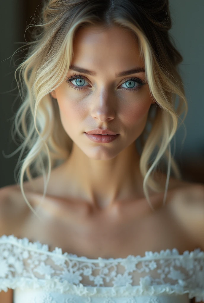 a close up of a woman with blue eyes and a white dress