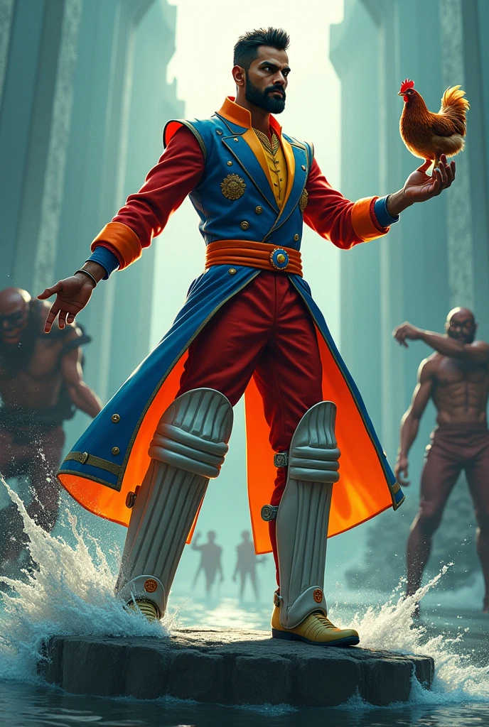 Virat kholi is wear the color full courtpent and looking is danger and he caught the bad and in second hand he chught the hen and he stand on chair in water area and around for is moster