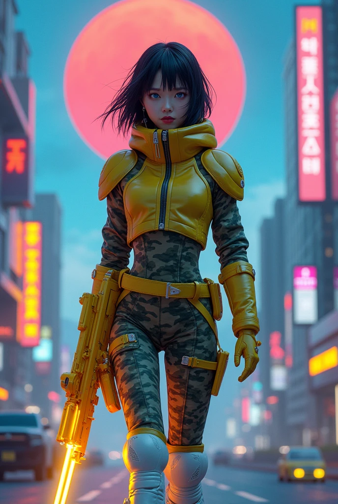 (masterpiece, best quality, beauty, best ratio, best shadows,best Illustration, wallpaper size,1080×2400 pixels,detailed face,pastel colors, futuristic theme)
uhd, korean female, korean beauty like tae yon, full posture fully visible, shining blue eyes, windblown short hair, wear camo colour and yellow full armory leather, white boots, hand holding futusistic neon riffle emits gold energy, standing standing in front of a futuristic city with many colorfull glass houses. outer space, big neon billboard, big red moon seen on far away. use the RenderMan renderer.digital art.High definition, high contrast, high color saturation ,128k,cinematic lighting, intricate,cinematic advertising photograph,cinema lens,high res.
