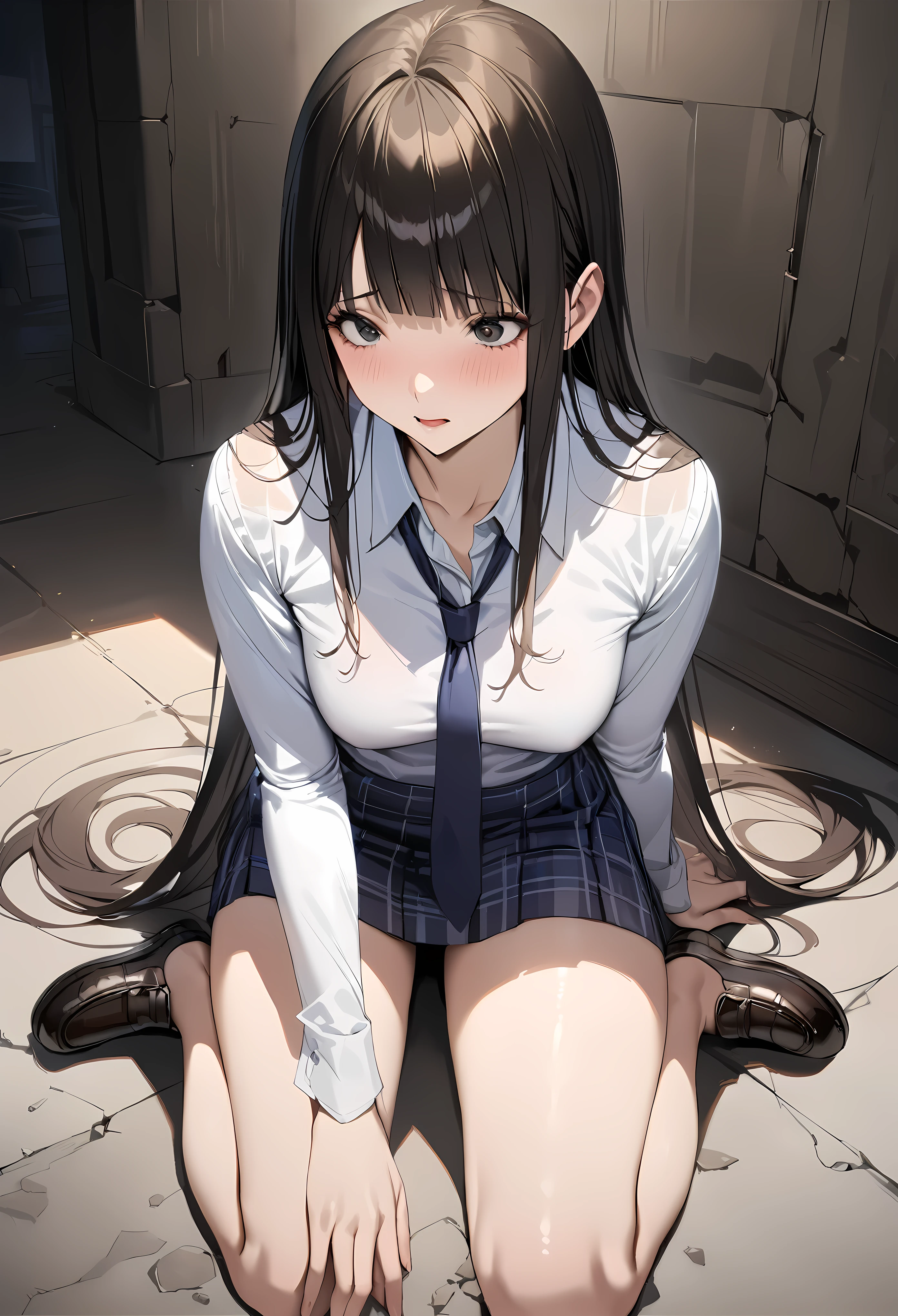 Fantasy art、((masterpiece,best quality anime,Highest quality:1.3)),realistic,portrait,cowboy shot,,1woman,(Mature Beauty),((very small head:1.4)),((very long body:1.3)),long hair,black hair,bangs,(gorgeous big eyes),black eyes,shy,(School uniform、Navy blue tie、Dark blue plaid mini skirt,white collared shirt)Long sleeve,((slender body:1.3,skinny:1.2)),medium breasts,barefoot、Black Loafer Shoes、kneeling,Magical rituals、A light magic circle drawn on the floor、Dark basement、Concrete Room、Dim lighting、at night、Fantasy World、