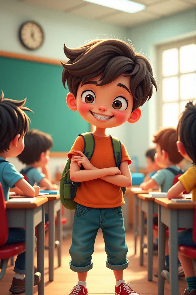 A cartoonist AI image of male child with the background of school students