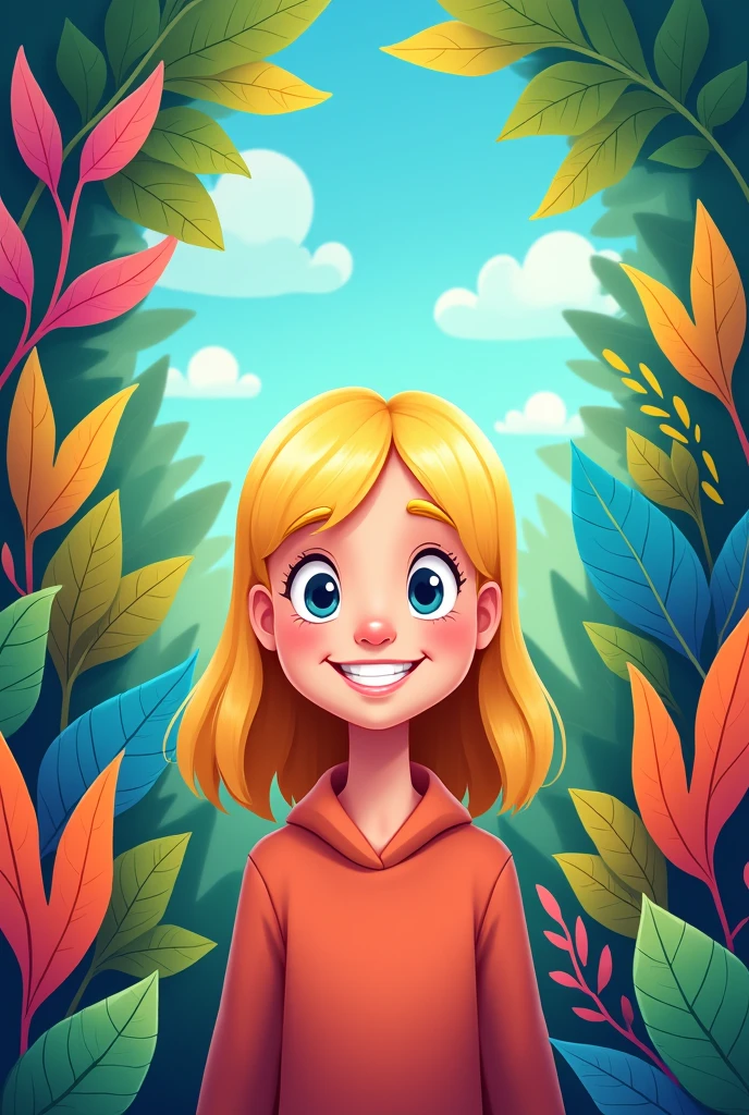 facing the front, style cartoon, with blonde hair. Behind it there are very beautiful and colorful leaves and flowers..